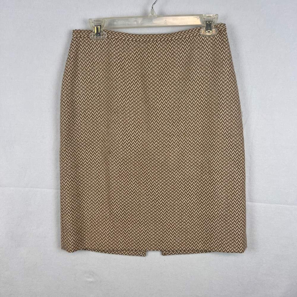 Ann Taylor Petites Womens 8P Wool Herringbone Pencil Skirt Tan Cream Knee Length